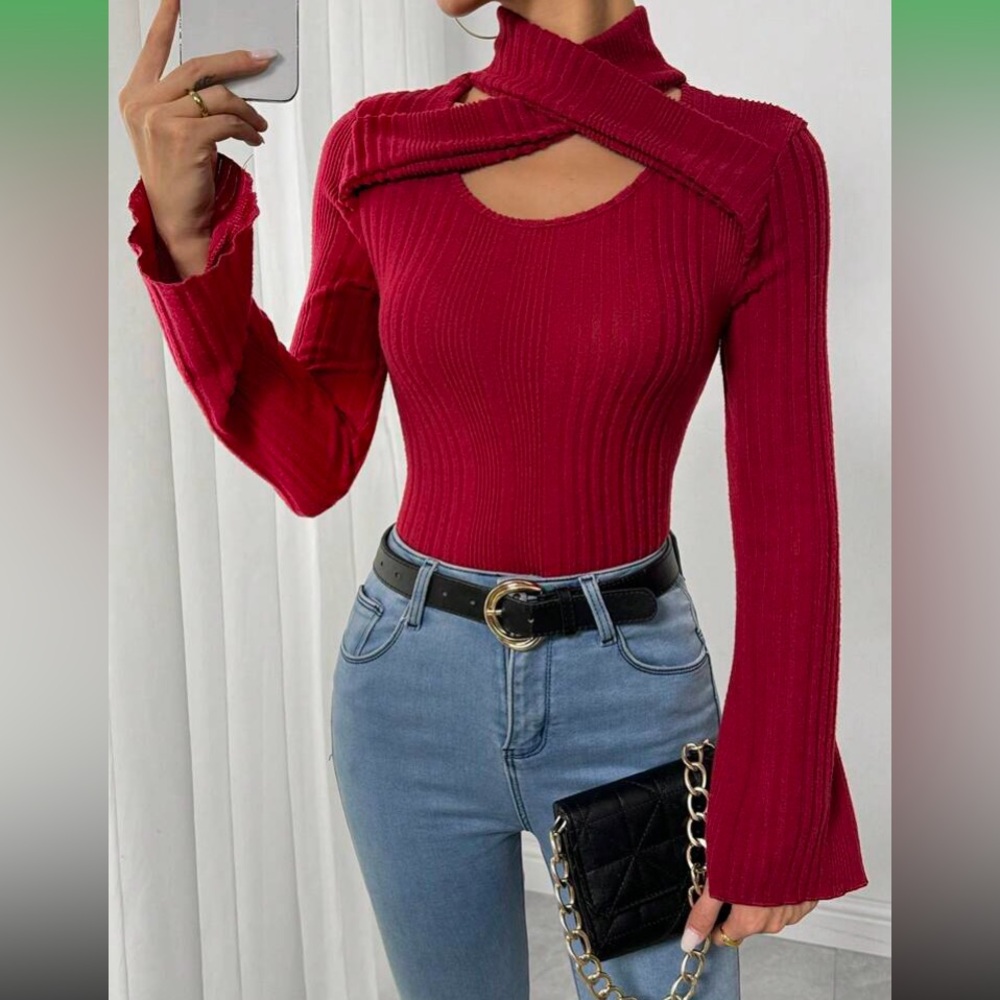 Chic Red Ribbed Knit Top - Picture 2 of 12